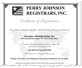 ISO 2001:2015 and AS9100D Certificate of Registration